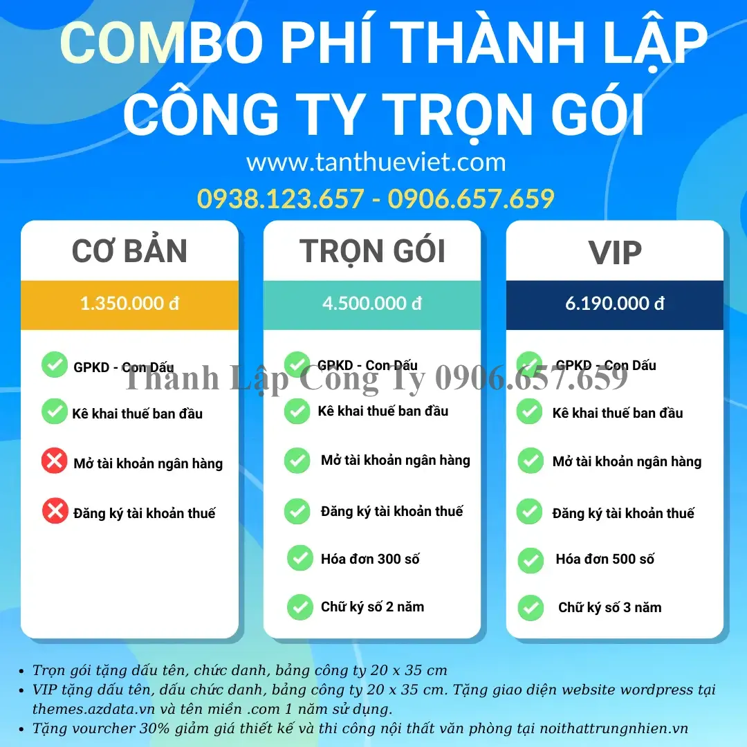 Bảng giá phí Dịch vụ thành lập công ty Thuận An, Bình Dương